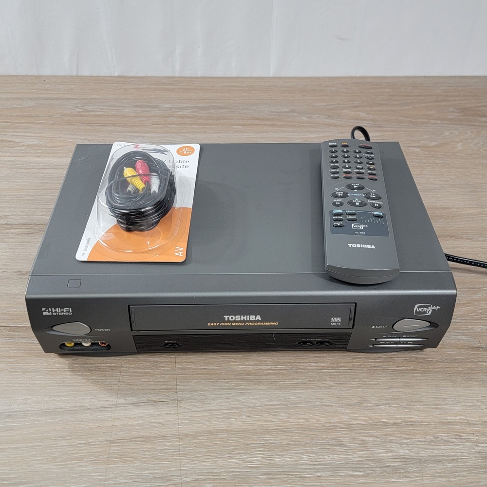Toshiba M-675 4-Head Hi-Fi Stereo VHS VCR Player with Remote and AV Cables Gray
